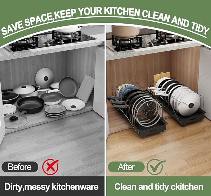 Expandable Pots and Pans Organizer Under Cabinet, Sliding Pot Lid Holder and Pan Rack in Kitchen,Pull Out Pan Organizers with 10 Adjustable Dividers, Slide Out Cookware Organizer for Kitchen Storage