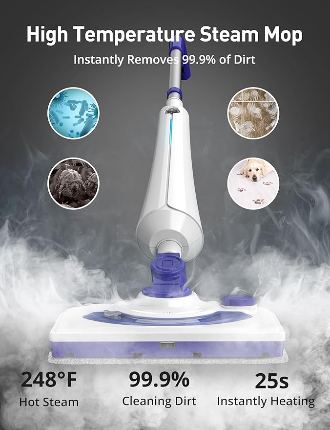 Professional Steam Mop Cleaner, 1300W Floor Steamer with Detergent Chamber, 25S Heat Up, Lightweight Steamer for Cleaning with 2 Washable Pads, Safe for Tiles, Upholstery, Carpet, Hardwood, Blue
