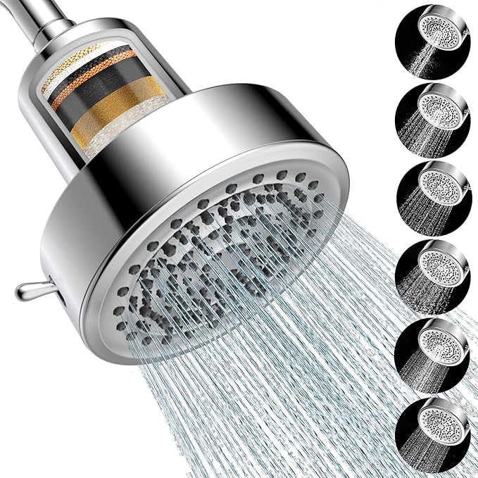Filtered Shower head for Healthier Hair & Skin – Removes Chlorine & Heavy Metals,High Pressure 6 Mode Settings Shower Head Filter for Hard Water, Easy install,One-touch Quickly Filter Replacement