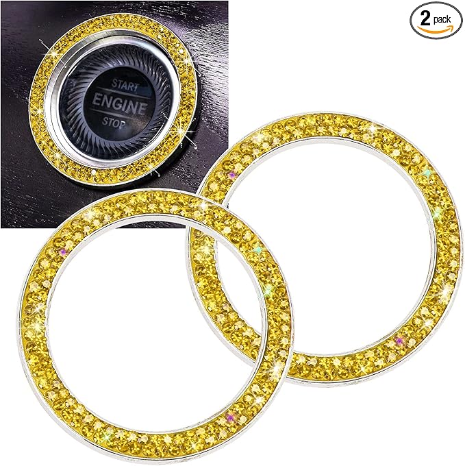 ToBeQueen Bling Car Crystal Rhinestone Ring Emblem Sticker, Car Interior Decoration, Bling Car Accessories for Women, Push to Start Button, Key Ignition Starter & Knob Ring Yellow