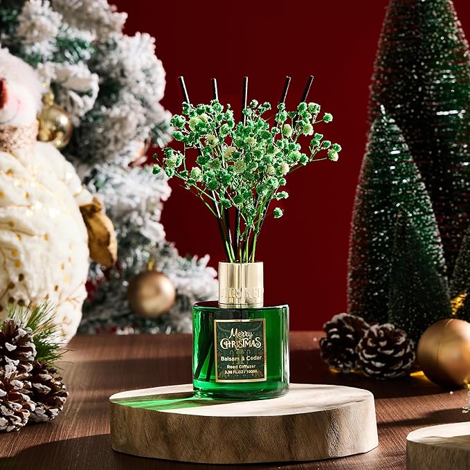 Airkeep Christmas Reed Diffuser Set,3.38 fl oz (100 ml) Reed Diffuser - Balsam&Cedar Oil Diffusers with 8 Reed Sticks, Home Fragrance Reed Diffuser for Bathroom Shelf Decor