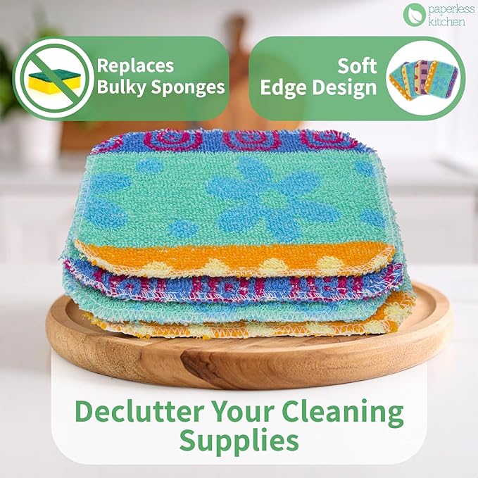 PaperlessKitchen Kitchen Dish Scrubbers | Soft Scrub for Dishes | Non-Scratch Cleaning Pads for Kitchen | Made from Cotton Fiber | Safe on All Surfaces | Long-Lasting & Easy to Clean | Pack of 8