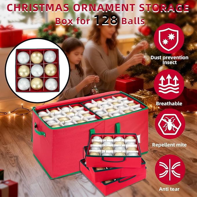 Large Christmas Ornament Storage Box With Adjustable Dividers,Ornament Storage Container with 8 Removable Trays for 128 Holiday Decorations,Red