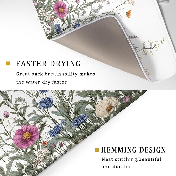 Giwawa Flower Herbs Dish Drying Mat Botanical Plant Dishes Drainer Mat 18x24 inch Reversible Microfiber Drying Dish Pad for Kitchen Counter Decor