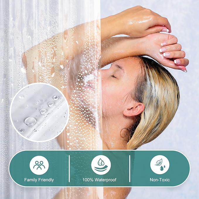 AmazerBath Heavy Duty Shower Curtain Liner 12 Gauge, 72 x 65 Inches Clear Shower Curtain Liner with 3 Clear Stones and 12 Grommet Holes, Weighted Plastic Shower Liner