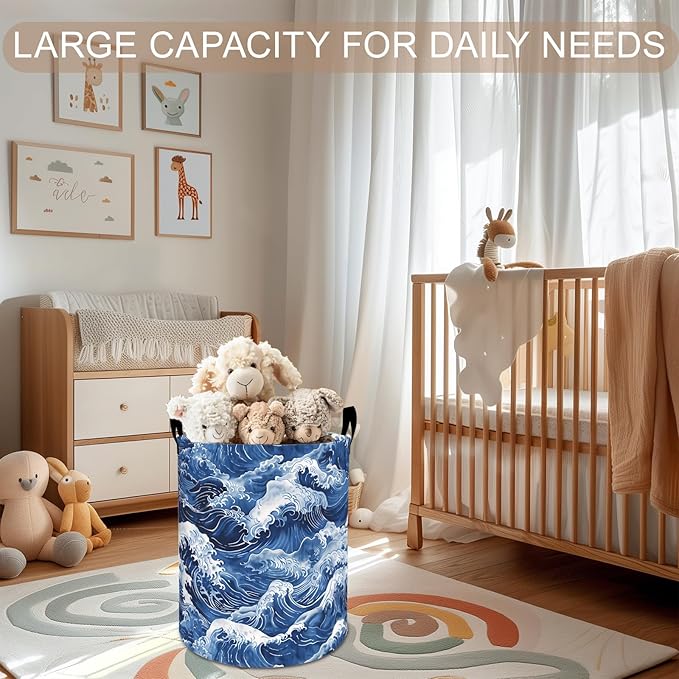 Ocean Wave Laundry Basket Hamper 19.7"x15.8", Japanese Wave Foldable Waterproof Oxford Clothes Storage Bucket for Room Bathroom Bedroom Nursery Decor, Toy Organizer Bins Gifts for Kids Boys Girls
