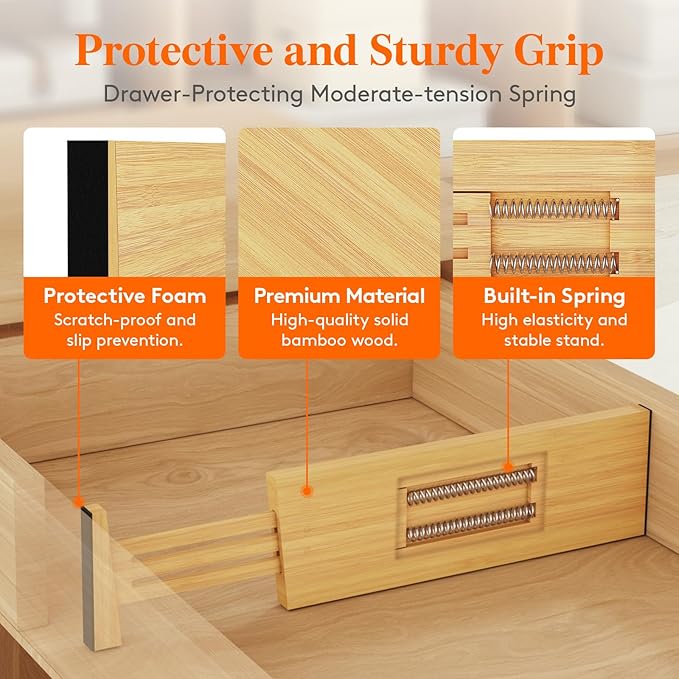 Lifewit 4 Pack 4" High Bamboo Drawer Dividers, 12-16" Adjustable Drawer Organizers for Clothes, Wood Dresser Drawer Divider, Expandable Deep Drawer Separators for Dresser, Kitchen, Bedroom, Bathroom