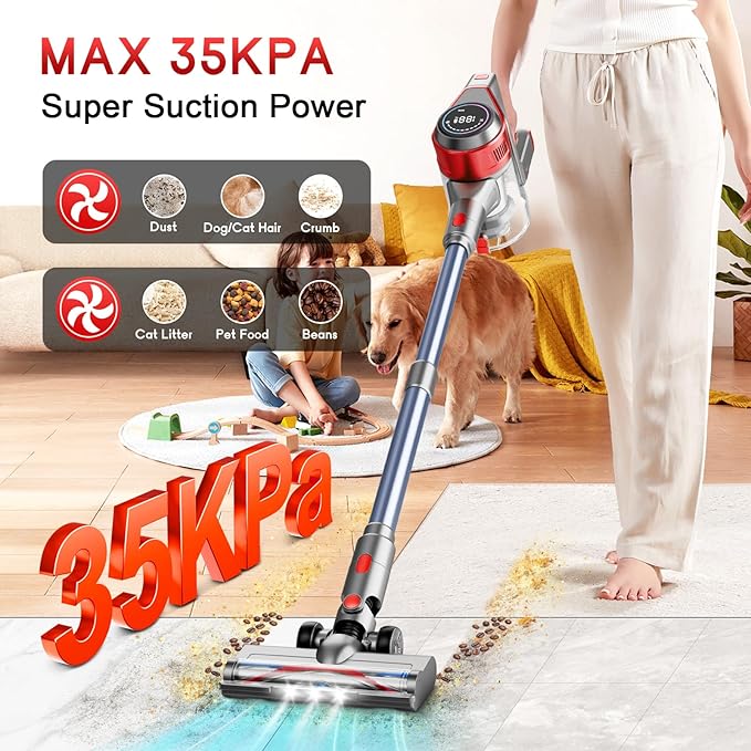 BSNAW Cordless Stick Vacuum Cleaner - Rechargeable, 35Kpa Powerful Vacuums with Detachable Battery, LED Display, 45Mins Runtime, 8 in 1 Handheld Vacuum for Hardfloor & Carpets Pet Hair, Red