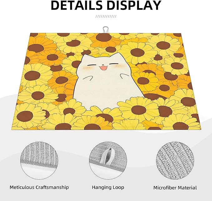Cute Cat Dish Drying Mat for Kitchen Counter Microfiber Super Absorbent Non-Slip Dish Drying Pad for Countertops Dishes Utensils Stylish Quick-Dry Machine Washable 18x24 Inch