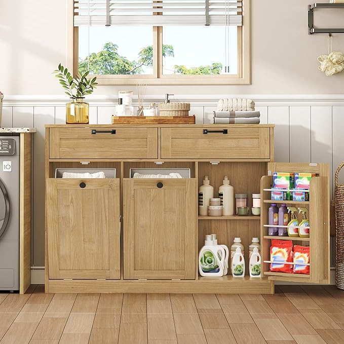 Double Tilt Out Laundry Hamper Cabinet, 43.3" Laundry Storage Cabinet with 2 Removable Baskets, Farmhouse Wooden Hidden Trash Bin Cabinet with Open Shelving, for Bathroom, Natural