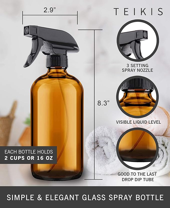 2 Pack Amber Glass Spray Bottles - 16 oz Mist & Stream Sprayer - Heavy Duty Brown Boston Round Bottle - Refillable Empty Containers for Essential Oils, Aromatherapy, Hair, Kitchen & Cleaning Solutions