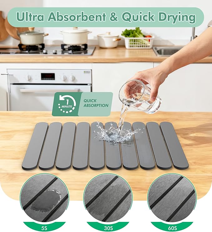 Large Stone Dish Drying Mat for Kitchen Counter, Quick Dry Diatomaceous Earth Stone Mat, Roll-Up Dish Mat for Dishes Bottles Cups, Super Absorbent & Non-Slip, 24"×16",Grey