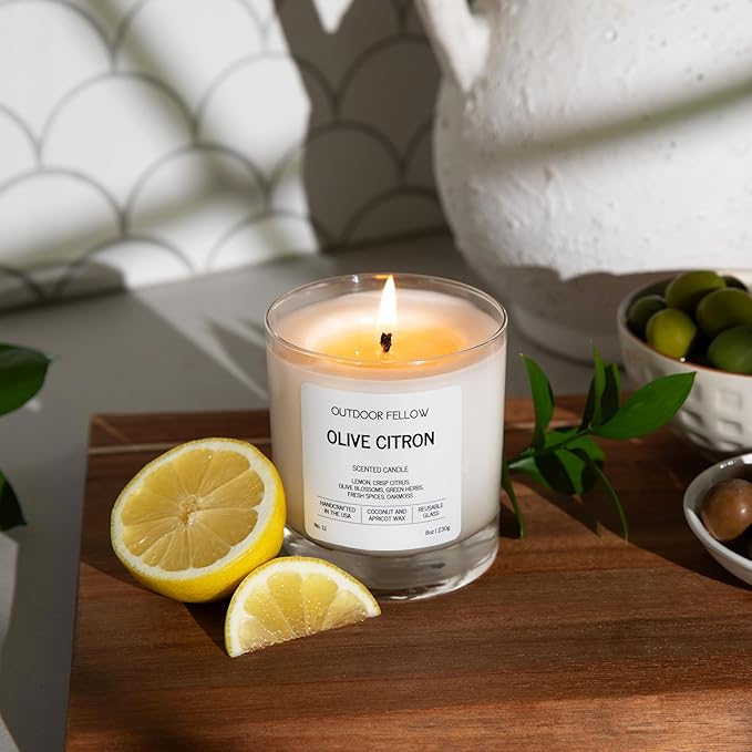 Outdoor Fellow Olive Citron Scented Candle – Highly Scented 8oz Jar Candle with Lemon, Citrus & Herbs – Non Toxic, Long Lasting Fragrance for Lemon Decor Accent in Home or Kitchen