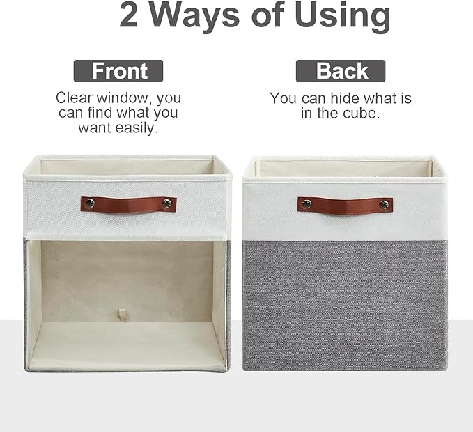Storage Cubes, 4 Pack Linen Foldable Storage Bins (13 x 13 inch) with Clear Window and 2 Handles, Closet Organizers and Storage for Shelf Closet, Clothes, Books - (Gray and White)