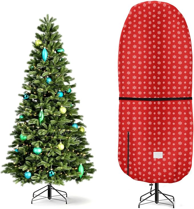Upright Christmas Tree Storage Bag,Tear Resistant Adjustable 6 FT Xmas Tree Storage Cover for Assembled Tree Standing with Ornaments,Christmas Tree Cover Waterproof - Snow Printing Red