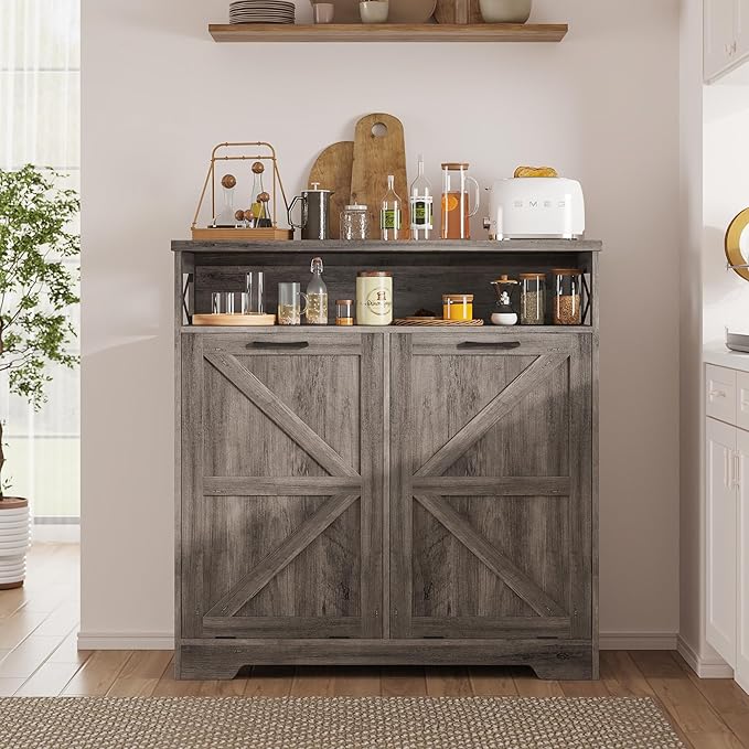 Double Tilt Out Trash Can Cabinet for 13 * 2 Gallon Garbage Can, Farmhouse Kitchen Garbage Trash Bin for Hidden Laundry Basket, Dual Dog Proof Recycling Cabinet for Dining Living Room, Grey