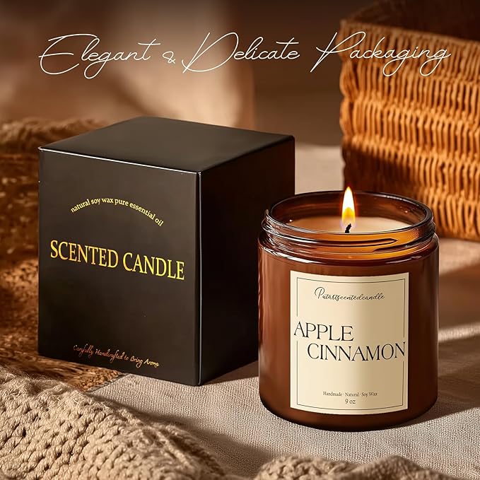 Cinnamon Apple Scented Candles for Home, Natural Soy Wax Aromatherapy Candle Gifts for Men & Women, Highly Scented & Long Lasting Non Toxic Jar Candle for Stress Relief (9oz)