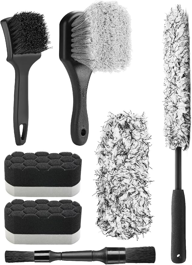 Fantasticlean 7PCS Car Wheel Cleaning Pro Kit, Tire Brush, Soft-bristled Rim Brush, Microfiber Flat Wheel Brush, Double-Ended Detailing Brush, Detailing Pads, Scratch-Free & Multipurpose