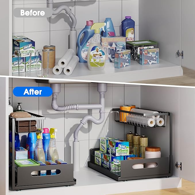 UINOFLE Under Sink Organizer, 2 Tier Pull-Out Cabinet Storage Shelf, Rust-Resistant Metal Organizer for Kitchen Bathroom Laundry Room, No Tools Installation, 1 Pack Black