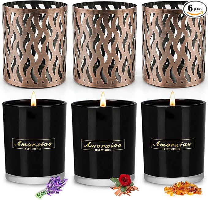 6 Pack Scented Candles Set, Men Candle Set, Gift for Men, 3 Pack Candles for Home with 3 Candle Holders, 120 Hour Soy Wax Aromatherapy Candle, Birthday Present Gifts for Dad with Gift Box