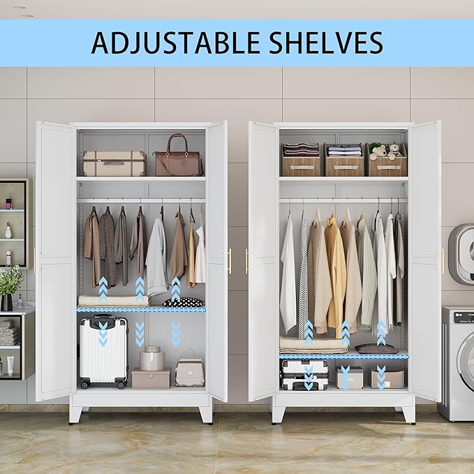 71 "Metal Armoire Wardrobe Closet, Steel Clothing Storage Cabinet with Adjustable Shelves and Hanging Rod, Household Steel Wardrobe Storage Cabinet with Adjustable Standing feet (White)