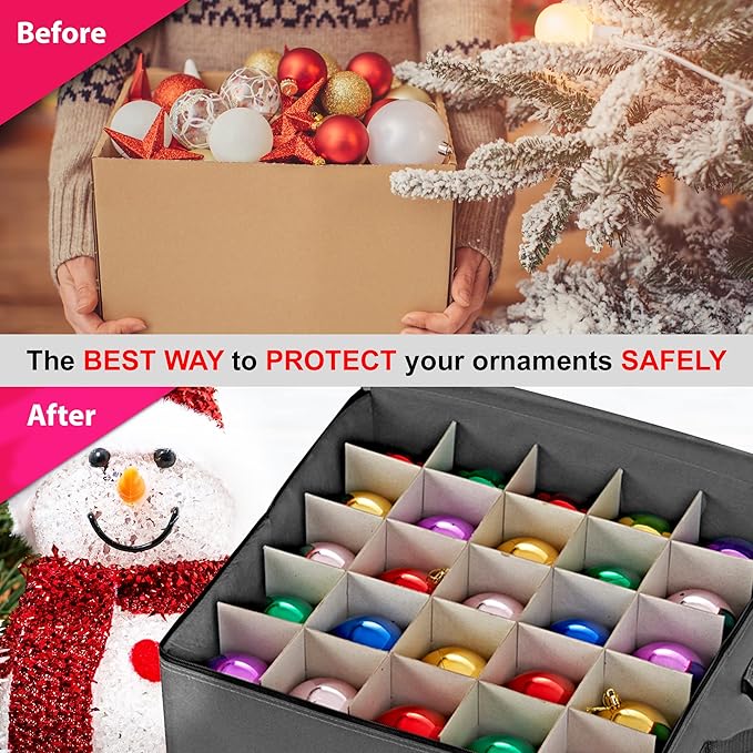 ProPik Holiday Ornament Storage Box Organizer Chest, With 3 Trays Holds Up to 75 Ornaments Balls, With Dividers To Organize (Grey)