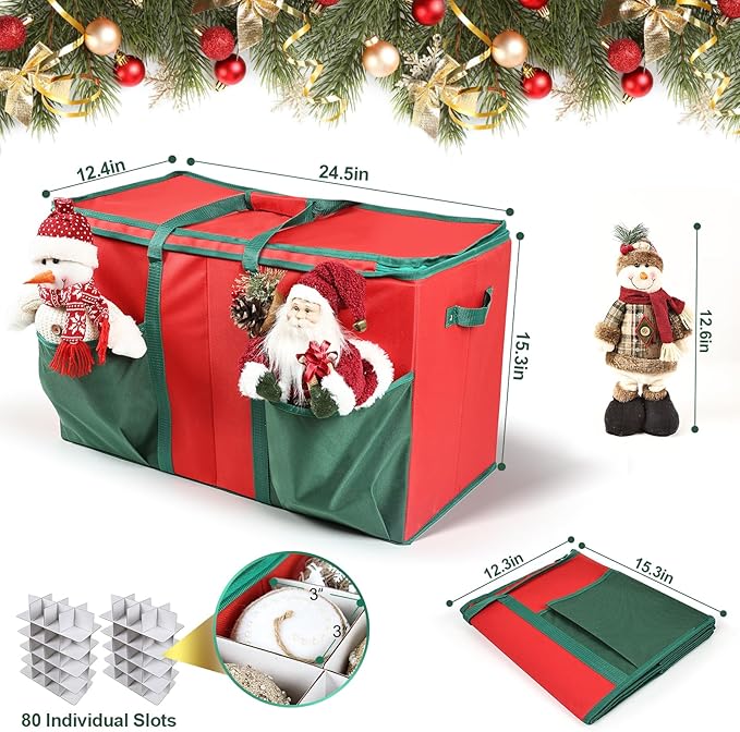 Large Christmas Ornament Storage Box Stores Up to 80 Ornaments with Reinforced Handle and Double Zipper Decorative Ornament Storage Container Xmas Decoration Storage Box (Red)