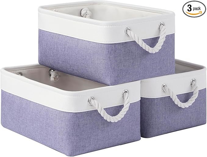 Storage Baskets for Shelves 13.8x9.8x6.7 Inch, Foldable Fabric Storage Bins with Handles, Small Storage Baskets for Organizing Closet, Office, Home Organization (3-Pack, White&Purple)