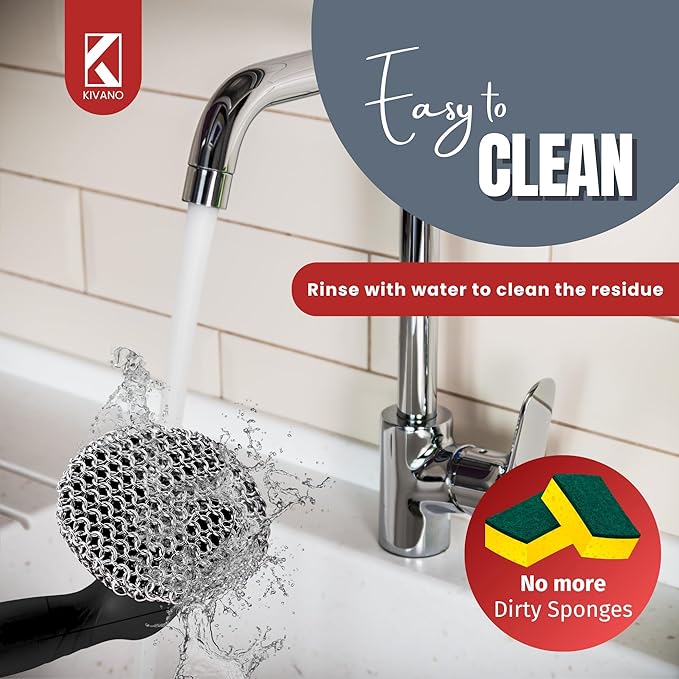 KIVANO Cast Iron Scrubber with Pan Scraper, 316L Chainmail Scrubber, Long Handle Cast Iron Cleaner for Dishes, Pans, Grills, Upgraded Chain Mail Scrubber for Grill Pan Skillet Wok Carbon Steel