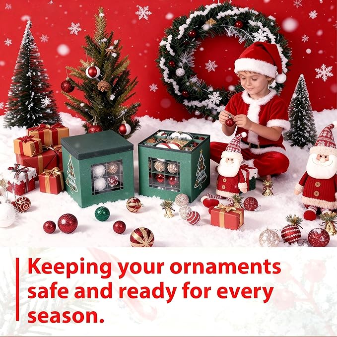 Christmas Ornament Storage Box with Lid - Holds 64 Ornaments, Large Sturdy & Foldable Organizer Case for Holiday Decor 11.8x11.8x11.8 Inch