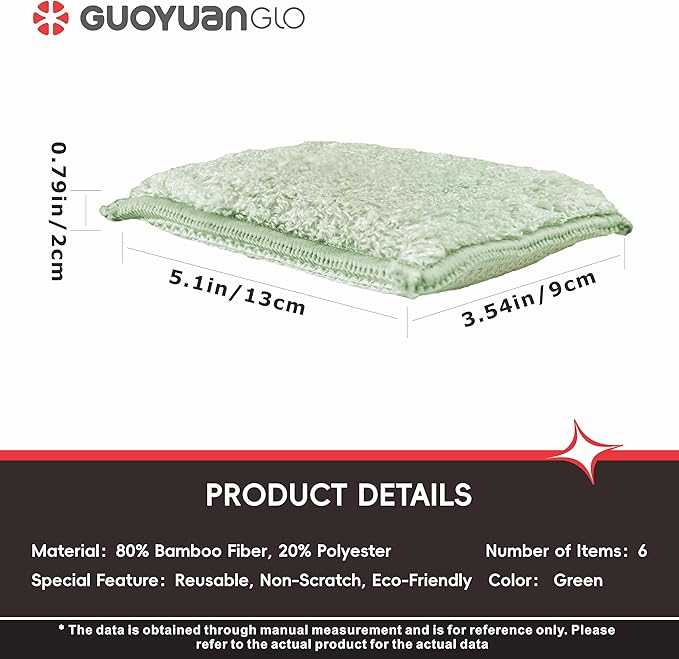 GUOYUANGLO Bamboo Kitchen Sponges Heavy Duty Natural Cleaning Sponges Non-Scratch Dish Sponge for Dishes, Pots and Pans-Green,6 Pack