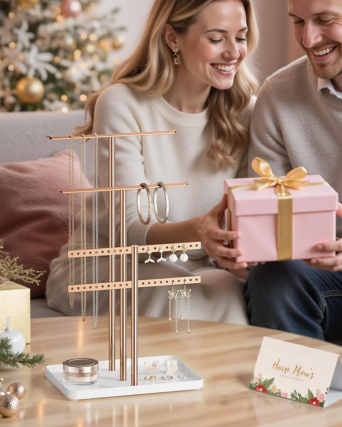 pickpiff Rose Gold Jewelry Stand Holder Organizer: 14.5" Sturdy Hanger for 80 Pcs Jewelry, Jewlery Tower for Display Necklace, Earring, Bracelet, Watch
