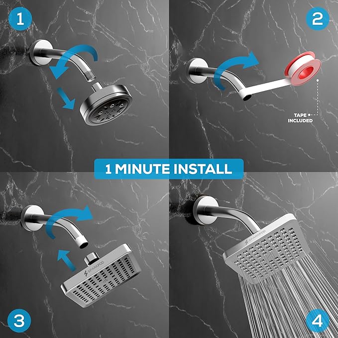 SparkPod Shower Head - High Pressure Rain - Premium Quality Luxury Design - 1-Min Install - Easy Clean Adjustable Replacement for Your Bathroom Shower Heads (Luxury Polished Chrome, 6 Inch Square)