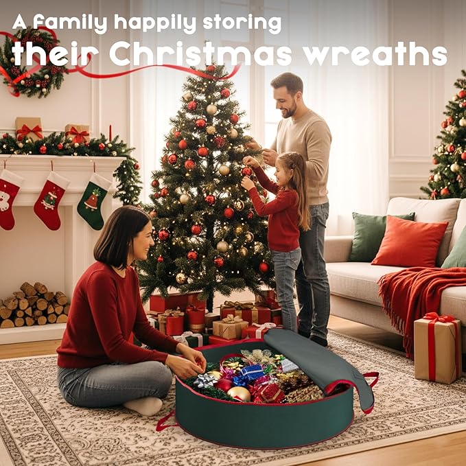 Criusia Wreath Storage Container, 2 Pack Christmas Wreath Storage Bag with Sturdy Handle, Two-way Zipper,Durable Wreath Storage Organizer Box for Holiday Decoration (Green, 30"x8")