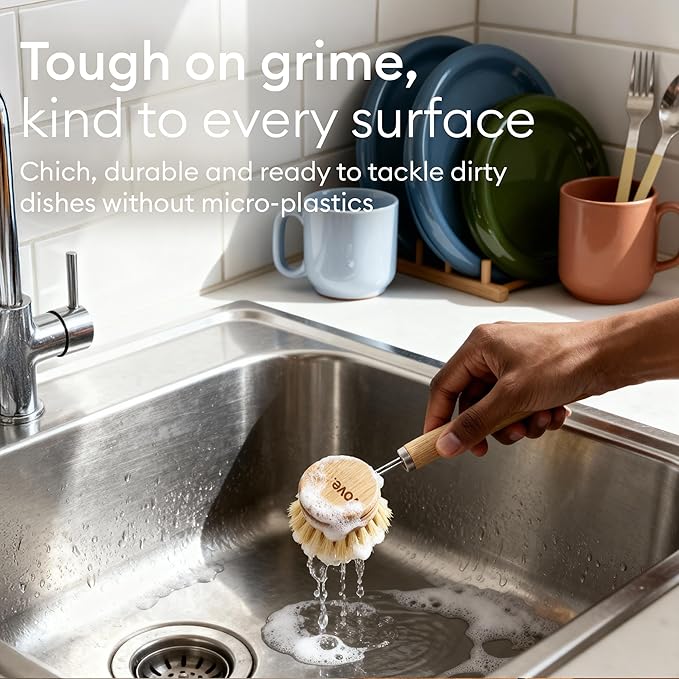 Vove Bamboo Dish Brush, FSC-Certified - Includes 3 Replacement Heads - Natural Fiber Bristles - Non-Toxic, Plastic-Free - Scrub Brush for Pots, Pans & Dishes