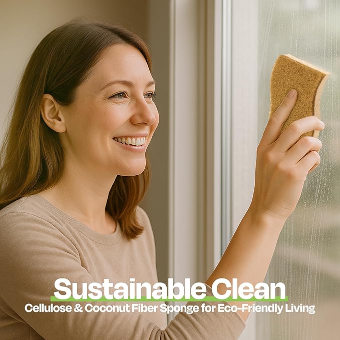 Super Eco Natural Kitchen Sponges Pack of 12 - Biodegradable Compostable Cellulose & Coconut Scrubber Sponge with Non-Scratch - Long Lasting, Eco Friendly Sponges for Dishes, Heavy Duty Dish Scrubber