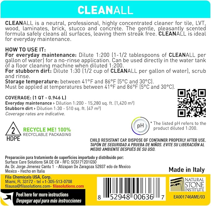 FILA Surface Care Solutions, CLEANER PRO, Neutral All Purpose Cleaner, Highly Concentrated - Up to 40 Washes, 1 QT