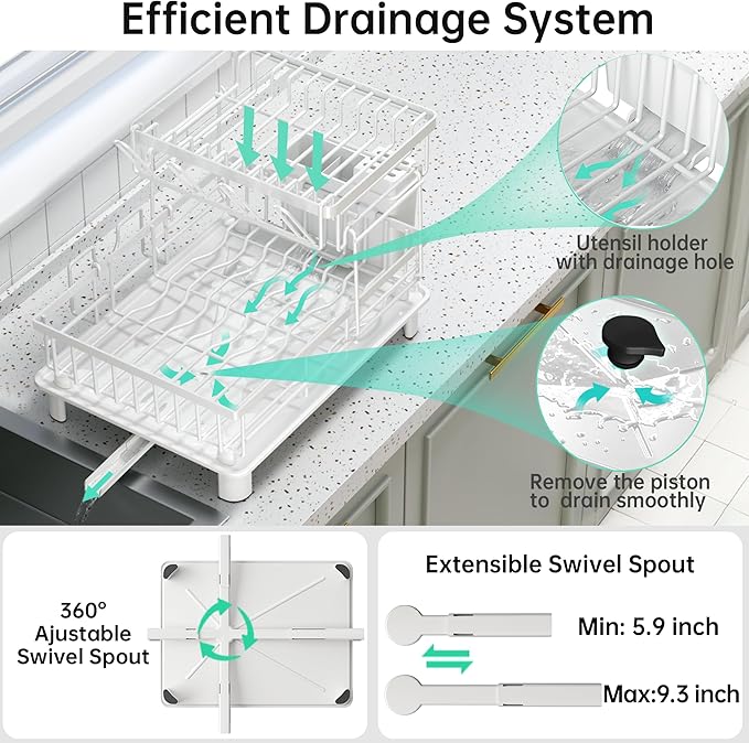 IMXSUMDA Dish Drying Rack, 2 Tier Dish Racks for Kitchen Counter, Compact Dish Drainer Rack, Detachable Dish Rack with Drainboard, Utensil Holder, Cup Holder for Small Space - White