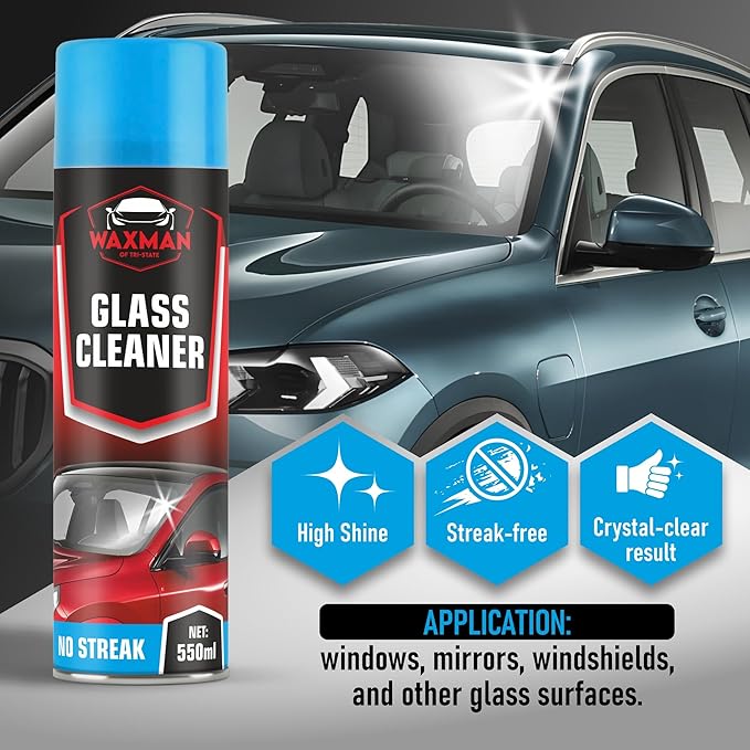 WAXMAN OF TRI STATE Car Windshield Cleaner Foam – Glass Cleaner Spray – 550ml Aerosol No-Streak Foam – Powerful Cleaner for Car, Window & Mirror – Crystal Clear Shine, Tackles Tough Grime