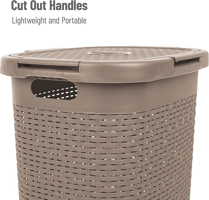 Mind Reader Slim Laundry Hamper with Lid, 60L Clothes Basket, Premium Wicker Design, Plastic, Tan