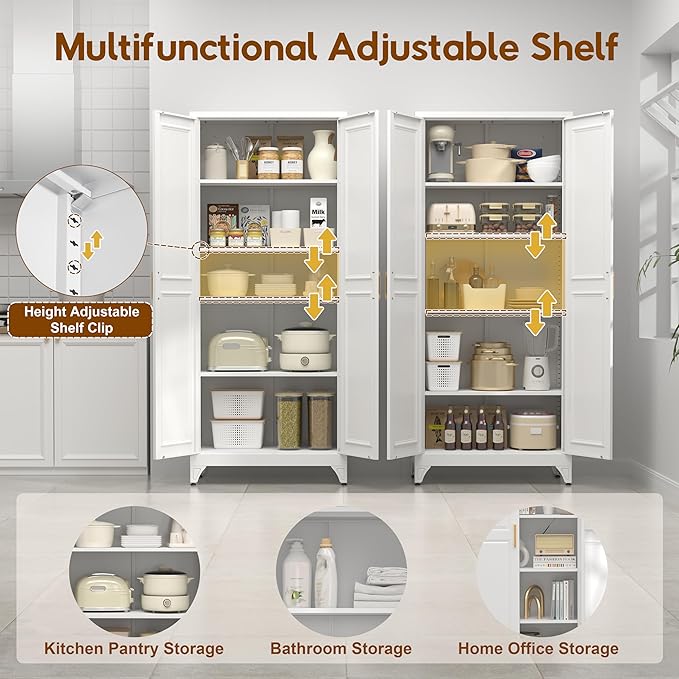 75" Kitchen Pantry Cabinet, Tall Storage Cabinet with Doors and 4 Shelves, Metal Storage Cabinets for Kitchens, Living Room, Dinning Room, Assembly Required, White