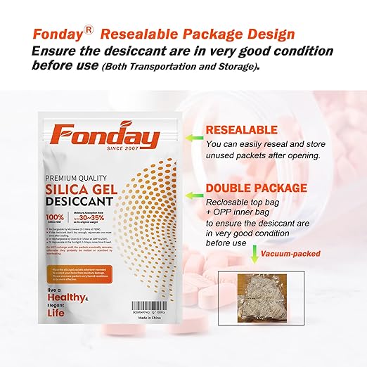 20g x 50 packs Fonday Rechargeable Silica Gel Desiccant Packets Food Grade Fast Reactivate Desiccant Bags Moisture Indicating Orange to Green
