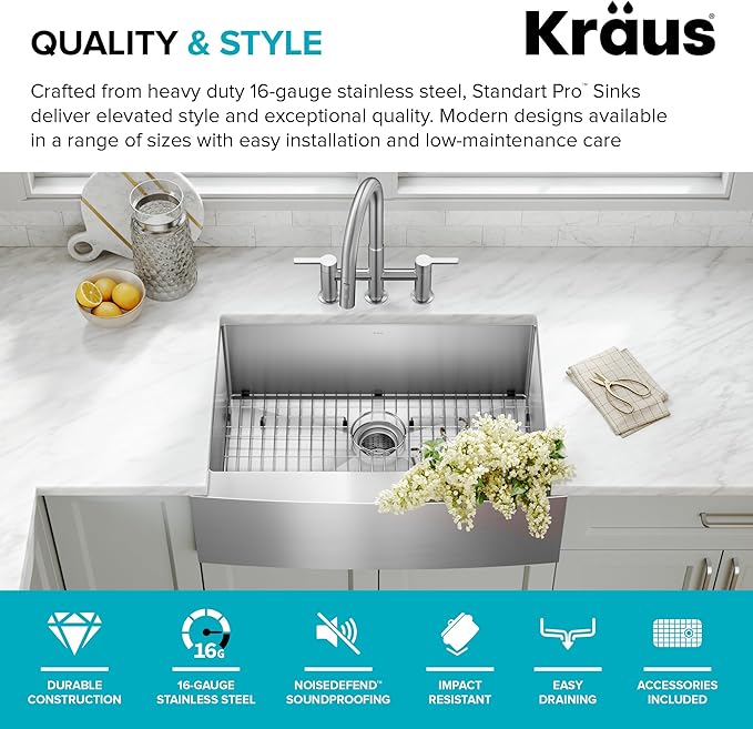 KRAUS Standart Pro 30-Inch Apron Front Farmhouse 16-Gauge Single Bowl Stainless Steel Kitchen Sink, KHF200-30