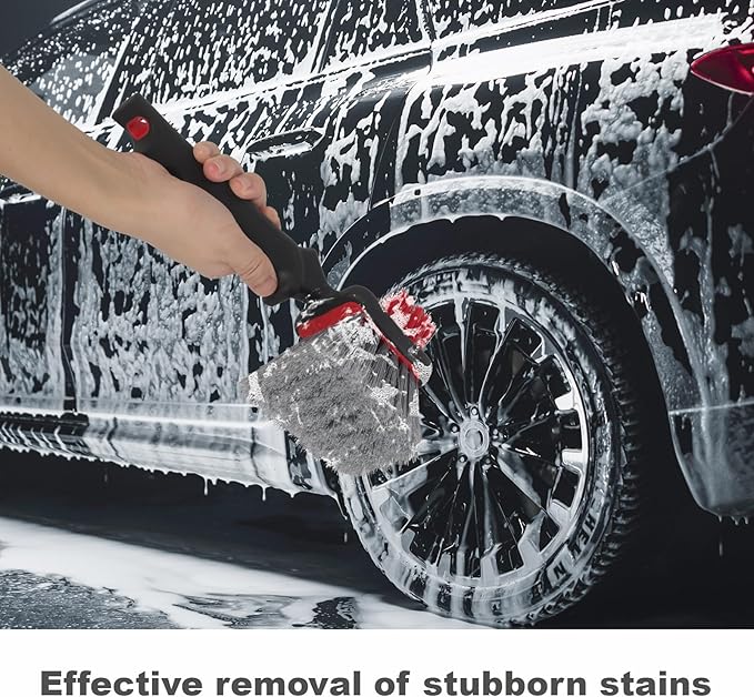 Dual Head Car Clean Brush, Wheel & Tire Brush, car Wheel Brush,Short Handle Tire Cleaner for Car Detailing, Car Cleaning Brush Black/Red, 9.8 Inch x 3.1 Inch