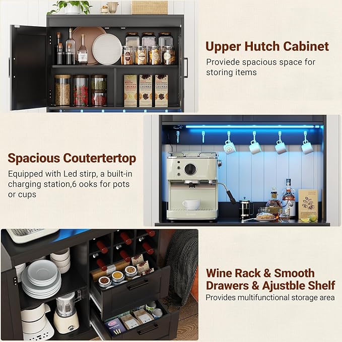 Unikito 72" Tall Pantry Cabinet, Kitchen Pantry Storage Cabinet with LED Light & Outlet, Kitchen Hutch Bar Cabinet with Microwave Stand, Wine Rack, Drawers and Shelves, Cupboard for Dining Room, Black
