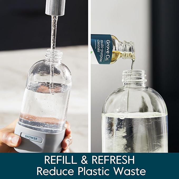 Grove Co. Glass Spray Bottles for Cleaning Solutions, 2-Pack Bundle, Unique Silicone Sleeve Slide & Snap Custom Label, Refillable Spray Bottle, Made from Recycled Glass, 2 x 16 oz