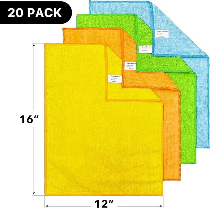 Simple Houseware Microfiber Cleaning Cloth 20 Pack, 12" x 16", 4 Colors