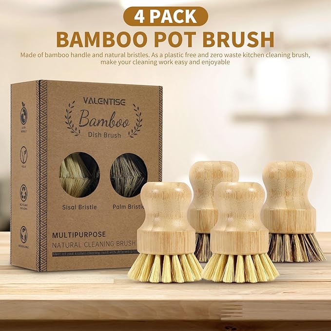 VALENTISE 4 Pack Bamboo Dish Brush Set, Natural Palm Dish Scrubber for Pots and Vegetables, Sisal Bristle Bamboo Scrub Brush for Cleaning Dishes and Pans