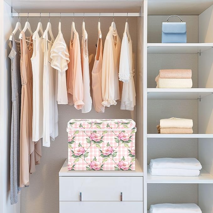 Collapsible Storage Bins with Lids, Pink Rose Flower Floral Buffalo Plaid Checkered Storage Boxes for Organizing