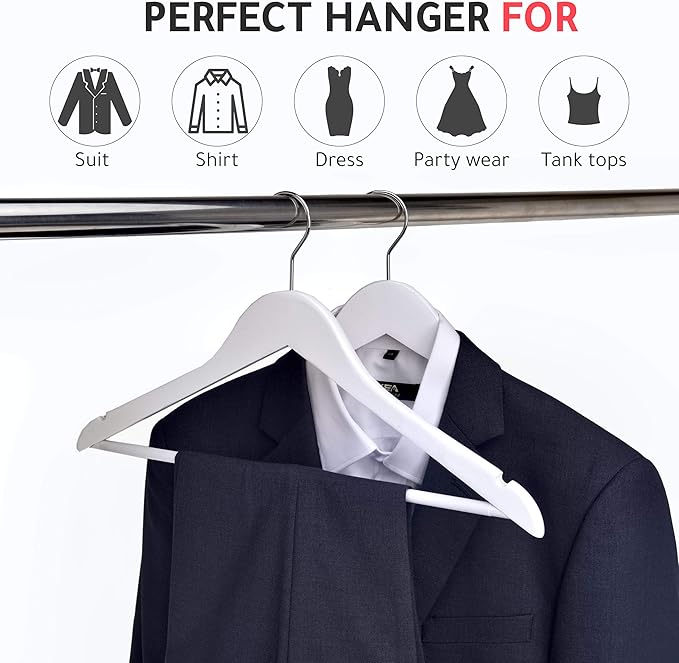 Quality Wooden Suit Hangers with Non Slip Pants Bar, 20 Pack, Smooth Finish Solid Wood Coat Hanger with Swivel Hook, Jacket, Pant, Dress Clothes Hangers (White, 20)